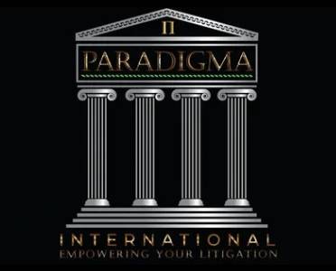 A silver and black logo for the international litigation firm paradigma.