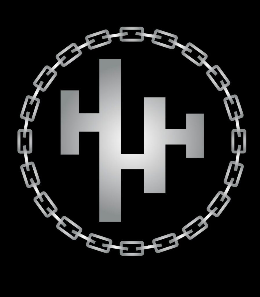 A chain link circle with the letter h in it.